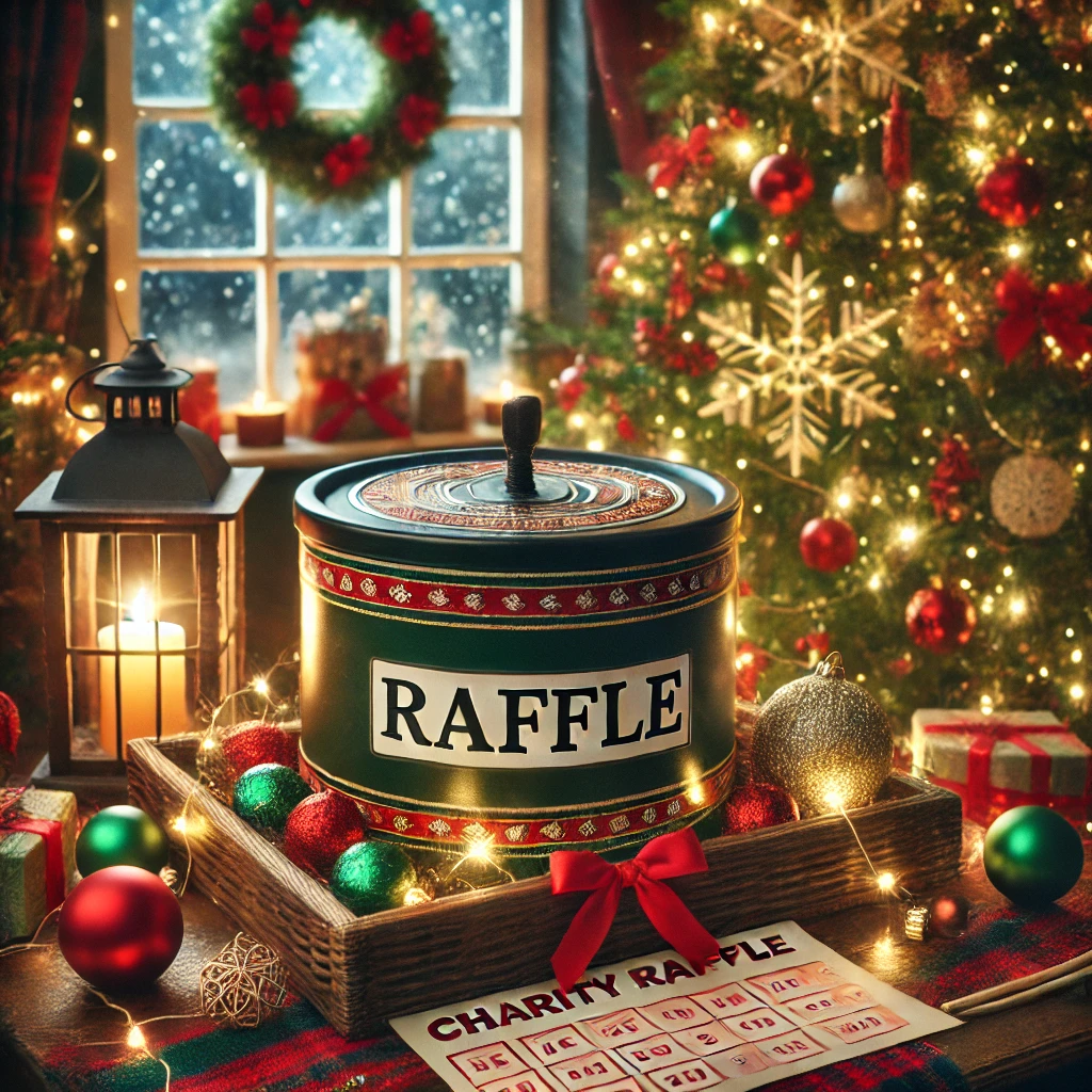 A festive Christmas scene featuring a charity raffle. The image shows a beautifully decorated table with Christmas decorations like baubles, fairy lig