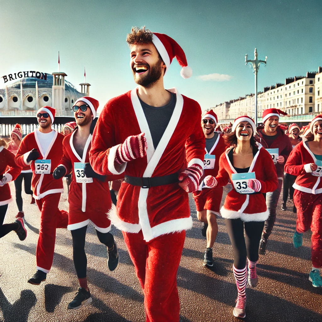 DALL·E 2024-10-24 08.53.38 - A festive scene featuring a joyful group of people dressed in Santa Claus costumes running along a seaside promenade in Brighton. The atmosphere is ch