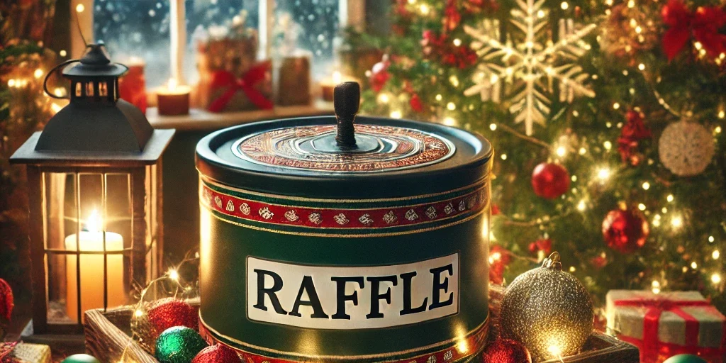 A festive Christmas scene featuring a charity raffle. The image shows a beautifully decorated table with Christmas decorations like baubles, fairy lig